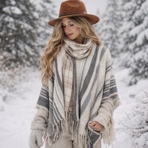 NEW NWT Aerie Boho Striped Fringe Poncho Wrap Shawl Sweater Aztec Tribal O/S